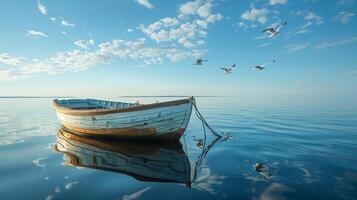 A wooden boat drifts serenely on smooth waters, its reflection shimmering under a bright sky dotted with fluffy clouds. Seagulls soar above, enhancing the tranquil atmosphere. photo