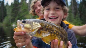 A joyful child proudly displays a sizable fish caught in a serene forest lake. Behind, a cheerful adult shares in the moment, showcasing a successful fishing outing in summer. photo