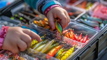 A child is curiously picking a fishing lure from a bright assortment in a tackle box on a sunny day. The outdoor setting is lively with vibrant colors of the fishing gear. photo