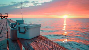 A quiet pier stretches out over water during sunset, with a fishing cooler and rod set up, creating a serene atmosphere for evening fishing. photo