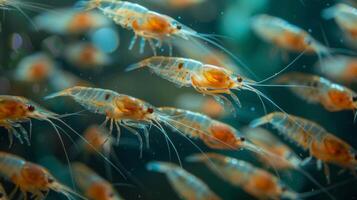 A diverse group of translucent shrimp swims together in a lively underwater environment filled with colorful marine life and plants, highlighting the beauty of coral ecosystems in natural light. photo