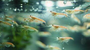 Small shrimp swim energetically in a clear aquarium, creating trails of bubbles while exploring their aquatic habitat surrounded by greenery. photo