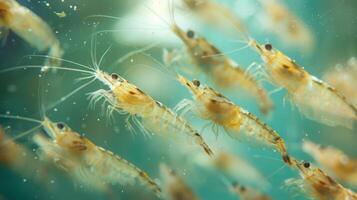 Numerous small shrimp are swimming gracefully in clear water, displaying their intricate body structures and vibrant hues under warm sunlight streaming through the surface. photo