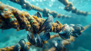 Mussels are attached to ropes submerged in a vibrant underwater scene, showcasing the intricate relationship between marine life and structures in the ocean. photo