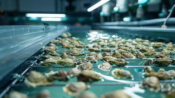A large number of oysters are cultivated in a water filled tank, showcasing a vibrant marine setting while researchers monitor their growth and health in a high tech facility. photo