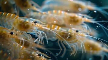 A cluster of translucent shrimp showcases their fine details while swimming together in a vibrant aquatic environment illuminated by soft lighting, creating a serene atmosphere. photo