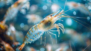 A colorful shrimp gracefully swims in clear water, showcasing its intricate details and long antennae. Bubbles and light reflections create an enchanting backdrop. photo
