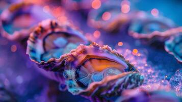 A beautiful arrangement of fresh oysters rests on a bed of ice, with soft, colorful lights enhancing their natural beauty in a seafood market setting during twilight. photo