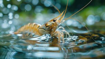 A freshwater shrimp exhibits striking colors while swimming in clear water, surrounded by a natural habitat filled with plant life and shimmering light reflections. photo