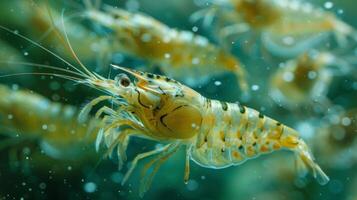 A group of vibrant shrimp moves through clear water, displaying their colorful exoskeletons while creating bubbles. The underwater scene is rich with marine life. photo