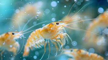 Shrimp swim gracefully in a clear aquarium filled with bubbles, showcasing their vivid orange and yellow tones. The scene captures their lively presence and intricate details in motion. photo