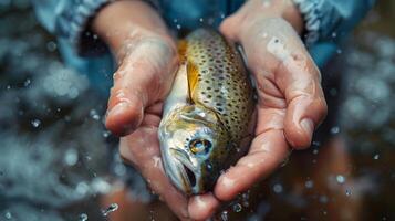 Hands gently hold a shiny brown trout while droplets of water scatter around. The sun shines, illuminating the beautiful details of the fish against a serene backdrop. photo