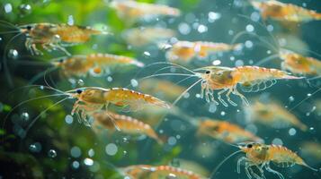 Small orange shrimp move swiftly through clear water, surrounded by bubbles and lush green aquatic plants, creating a lively underwater atmosphere. photo
