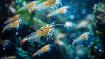 A group of colorful shrimp moves gracefully through a clear underwater environment filled with plants and soft light, showcasing their bright colors and unique shapes. photo