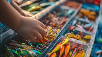 A child selects brightly colored fishing lures from a well stocked display in a tackle shop, enjoying a sunny afternoon by the lake with family. photo