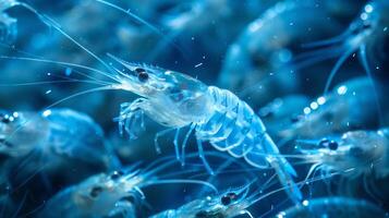 A group of translucent shrimp moves dynamically through the water, showcasing their delicate features and agility. The surrounding blue hues create a serene atmosphere in the ocean. photo