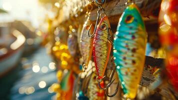 Vibrant fishing lures hang from a rustic wooden rack, glimmering in the warm sunlight near a tranquil body of water, evoking a sense of adventure and outdoor activity. photo