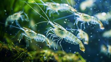 A group of shrimp is actively swimming through a lush underwater environment, displaying their transparent bodies and intricate movements surrounded by green plants and bubbles. photo