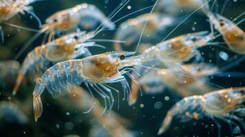 A group of lively shrimp glides through crystal clear water, showcasing their unique colors and delicate movements. Sunlight filters down, creating a tranquil atmosphere. photo