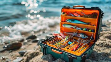 A fishing tackle box is open and displayed on the sandy shore, showcasing an array of colorful lures and equipment against the shimmering ocean backdrop on a bright day. photo