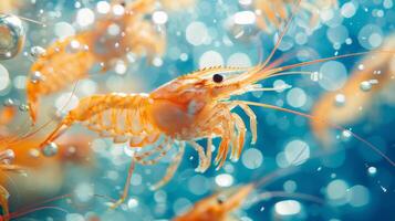Colorful shrimp are actively swimming through crystal clear water filled with bubbles. Sunlight illuminates the scene, creating a captivating underwater atmosphere. photo