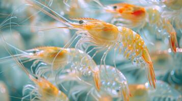 Transparent shrimp are swimming in a clear ocean setting, exhibiting vibrant colors and delicate movements. The underwater scene highlights their physical features and environment. photo