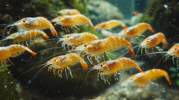 A vibrant group of orange shrimps is seen swimming in a well maintained aquarium. The clear water and lush aquatic plants create a lively underwater environment during daylight. photo