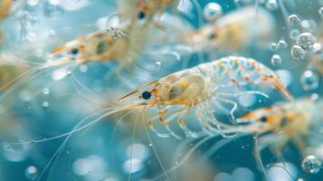 A vibrant underwater display features several shrimp demonstrating their intricate bodies and delicate antennae as they swim amid bubbles in clear water. photo