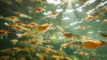 Numerous shrimp swim actively in clear freshwater under sunlight, showcasing their vibrant colors and delicate movements alongside aquatic plants. photo