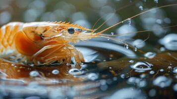 A shrimp is seen gracefully moving in water, surrounded by tiny droplets that reflect light beautifully, creating a serene underwater atmosphere. photo