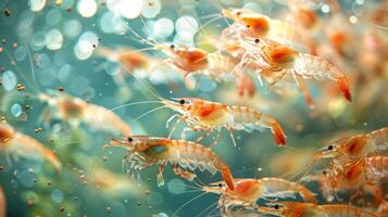 Groups of shrimp move swiftly through the sparkling water, their bright orange and transparent bodies reflecting light. They display agility as they navigate their underwater environment. photo