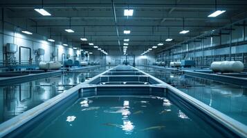Fish swim gracefully in large tanks within a well lit aquaculture facility, highlighting advanced technology for sustainable fish farming in a clean, controlled environment. photo