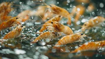 Numerous shrimp are seen swimming in dynamic motion through clear water, creating ripples and splashes under bright sunlight during a warm afternoon. photo