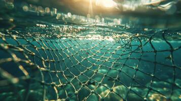 A fishing net drifts beneath the surface of clear water. Sunlight filters through, casting shimmering patterns on the net and surrounding stones, creating a serene atmosphere. photo