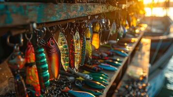 Fishing lures of various colors and designs dangle from a rustic wooden rack at sunset, casting vibrant reflections over the calm water and boats in the background. photo