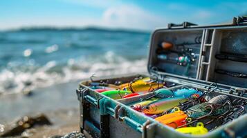 A fishing tackle box is opened, revealing vibrant lures on a sandy beach. The ocean waves gently lap at the shore in bright sunlight, creating a serene atmosphere for fishing. photo