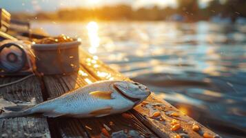 A freshly caught fish lies on a weathered wooden dock. The sun sets in the background, casting a warm glow over the lakes shimmering surface and nearby fishing gear. photo