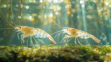 Two shrimp move gracefully across a green, moss covered surface beneath the water, with light filtering down from above and creating an enchanting atmosphere. photo