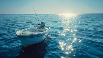 A small fishing boat floats quietly on the sparkling blue ocean. The sun casts a warm glow, illuminating the water and creating a tranquil atmosphere perfect for fishing. photo
