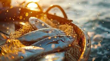 Fishermen reel in their catch as the sun sets over the ocean, creating a breathtaking golden glow. Fresh fish rest in a net atop the boat, surrounded by sparkling water droplets. photo