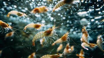 Freshwater shrimp are seen swimming gracefully in clear waters, highlighting their translucent bodies and delicate movements, creating an intriguing view of aquatic life. photo