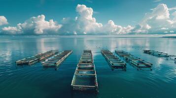 Rows of fish farming structures float on tranquil waters under a sky filled with fluffy clouds, reflecting the beauty of nature in a coastal environment. photo