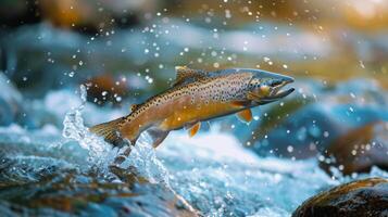 A brown trout energetically jumps above the surface of a flowing river, creating splashes as sunlight dances on the water, highlighting the fish's vibrant colors in a serene natural setting. photo