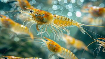 A group of bright orange shrimp swim delicately in clear water, showcasing intricate details of their exoskeletons as sunlight filters through the surface above. photo