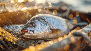 A freshly caught fish lies on a wooden boat, surrounded by a fishing net. The sunlight creates a shimmering effect on the water, highlighting the vibrant scales. photo