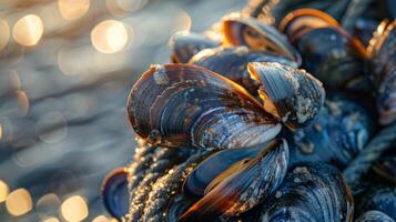 Various mussels cluster together on a rocky surface as sunlight reflects off the water, highlighting their vibrant shells and creating a picturesque coastal atmosphere. photo