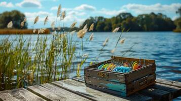 Fishing lures are arranged neatly in a weathered wooden box on a dock. The tranquil lake reflects the blue sky, with tall grass swaying gently in the breeze. photo
