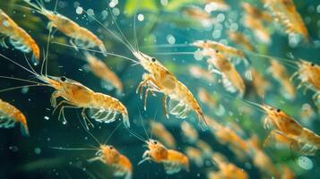 Orange shrimp swim in clear water, creating a lively display as they navigate their natural habitat, surrounded by bubbles and aquatic plants. photo