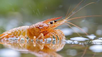 Shrimp moves gracefully through clear water, showcasing its colorful body and long antennae, surrounded by bubbles and soft light filtering from above. photo