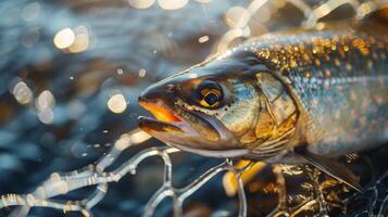 A vibrant trout rests in a net with glistening water droplets around it. Sunlight highlights its scales, creating a beautiful visual display in the early morning light. photo